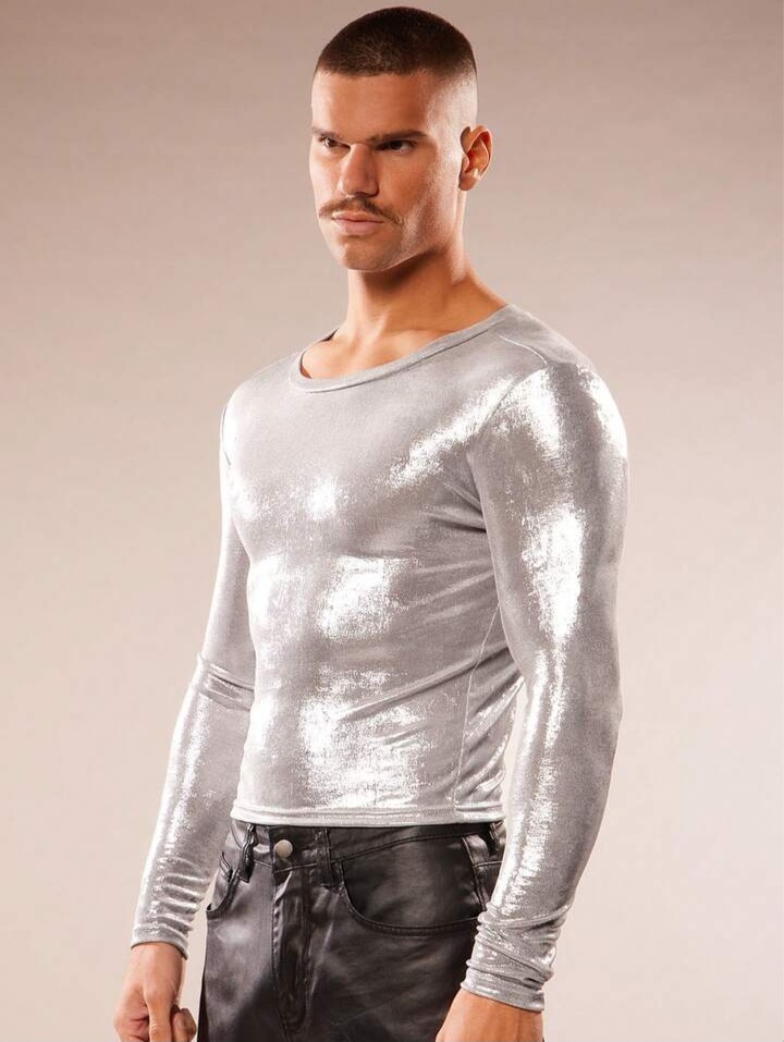 Men's Shiny Silver Crew Neck Long Sleeve T-shirt
